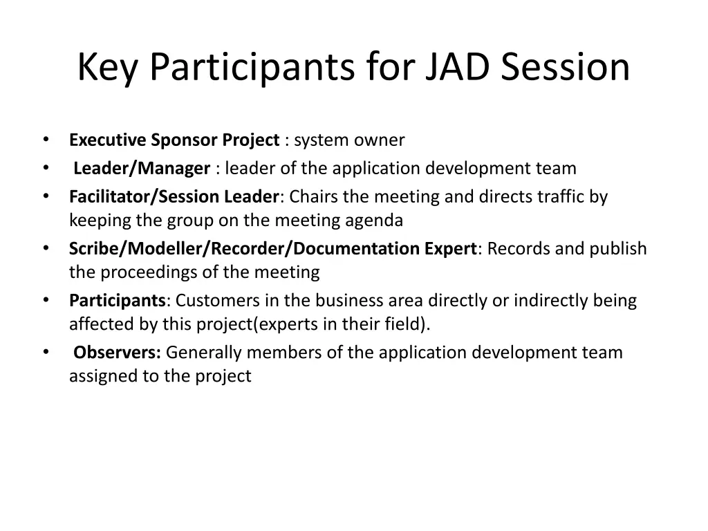 key participants for jad session