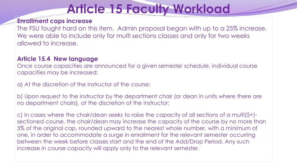 article 15 faculty workload enrollment caps