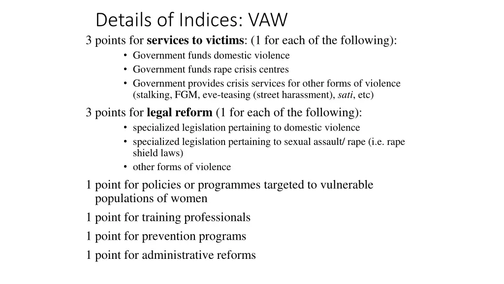 details of indices vaw 3 points for services