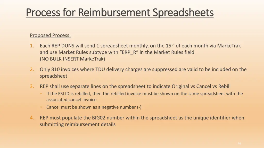 process for reimbursement spreadsheets process