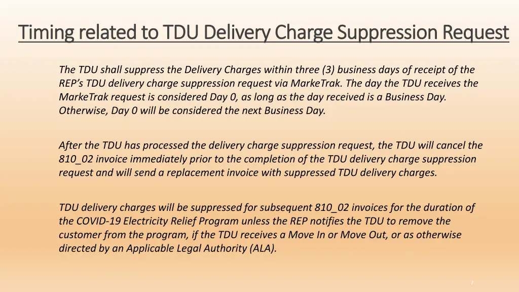 timing related to tdu delivery charge suppression