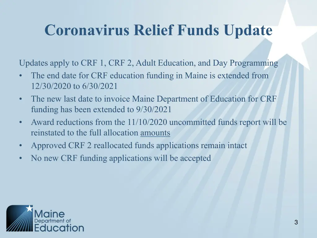 coronavirus relief funds update