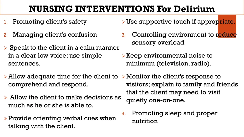 nursing interventions for delirium