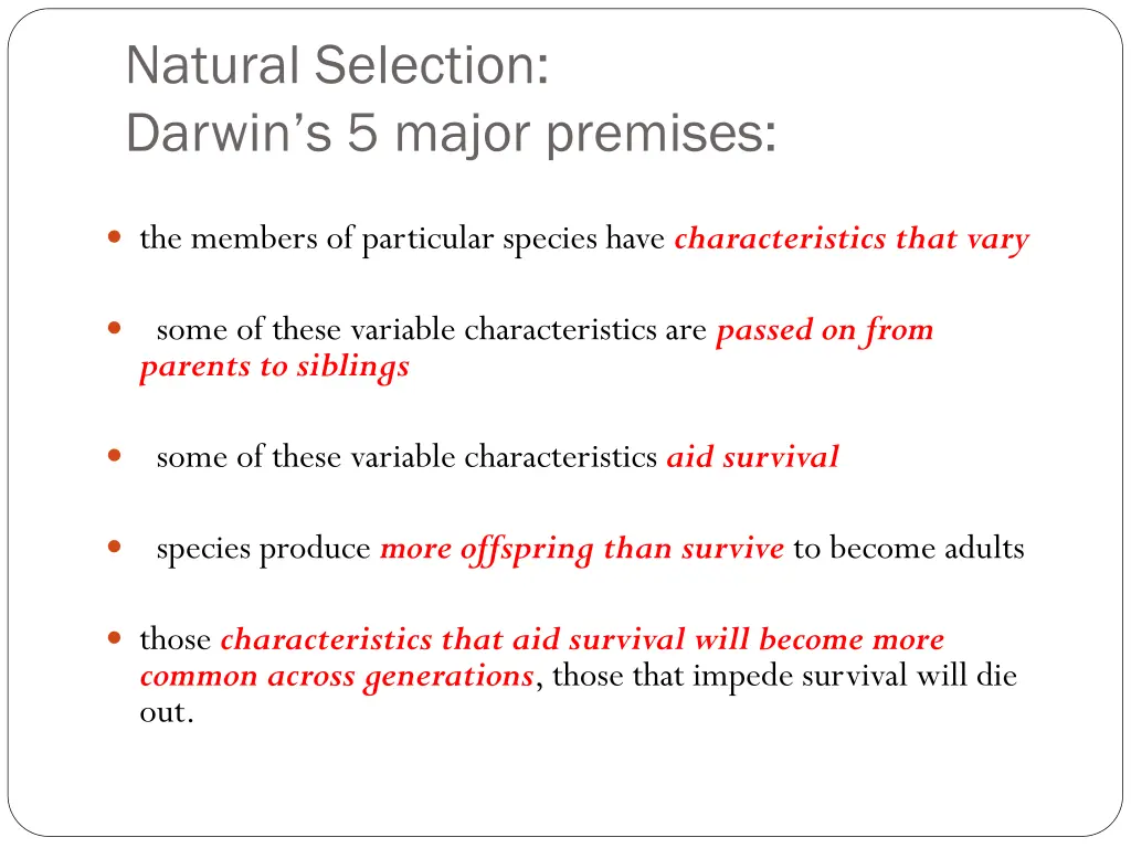 natural selection darwin s 5 major premises