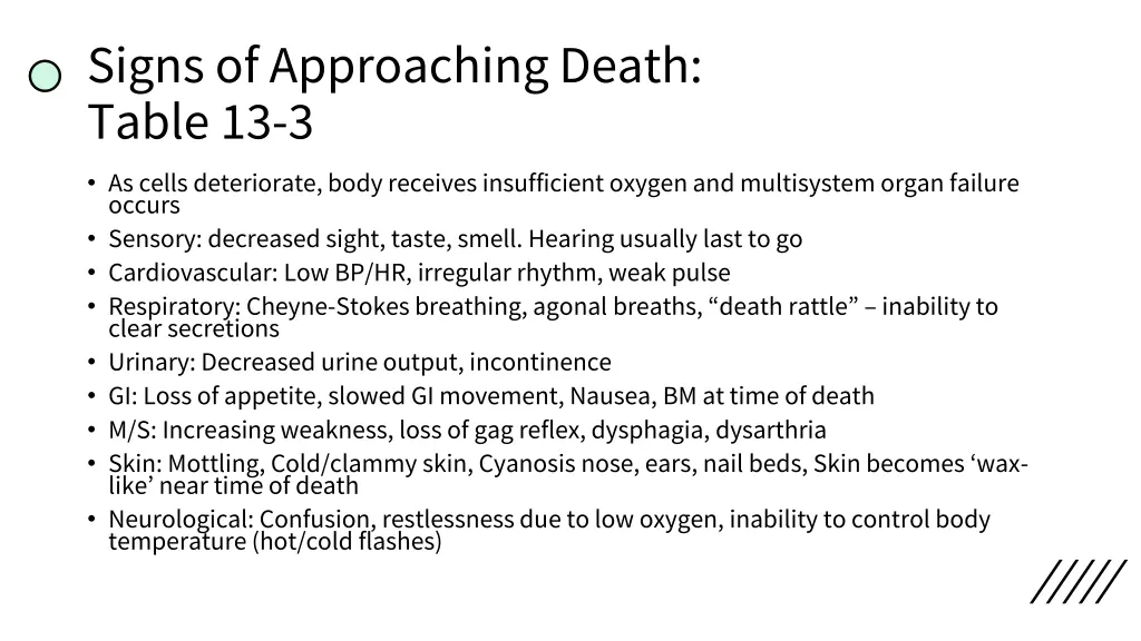 signs of approaching death table 13 3 as cells