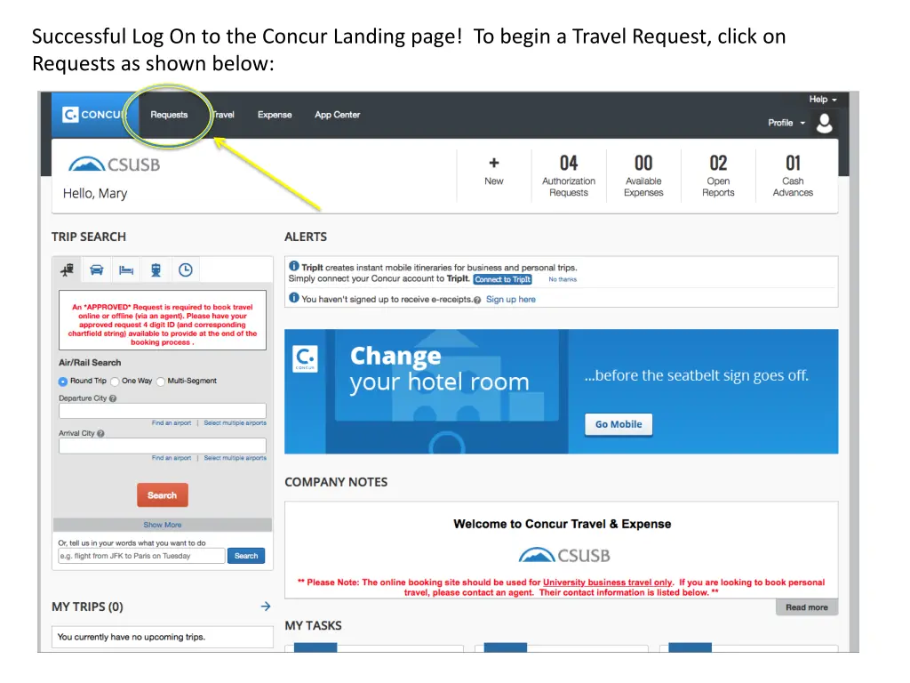 successful log on to the concur landing page