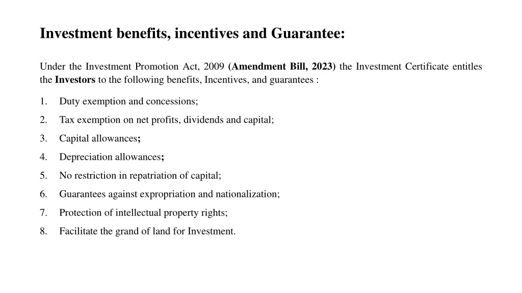 investment benefits incentives and guarantee