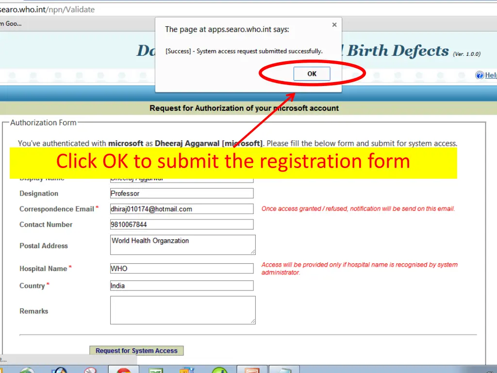 click ok to submit the registration form