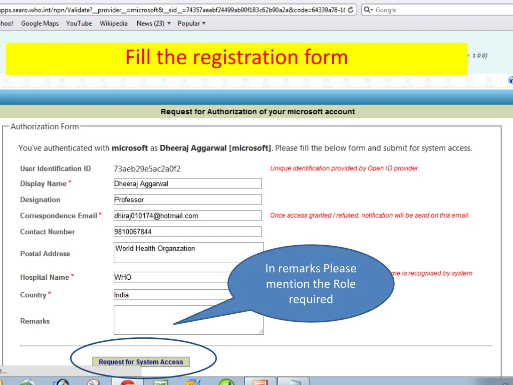 fill the registration form