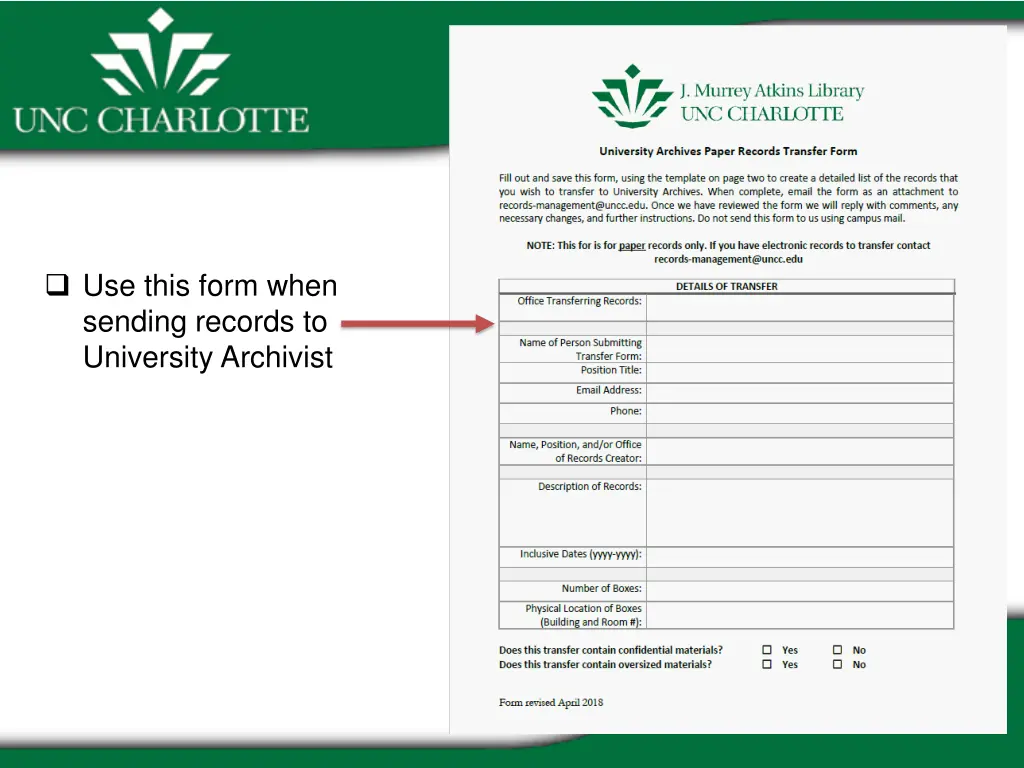 use this form when sending records to university