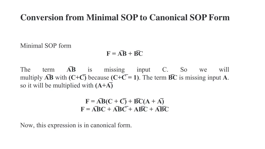 conversion from minimal sop to canonical sop form