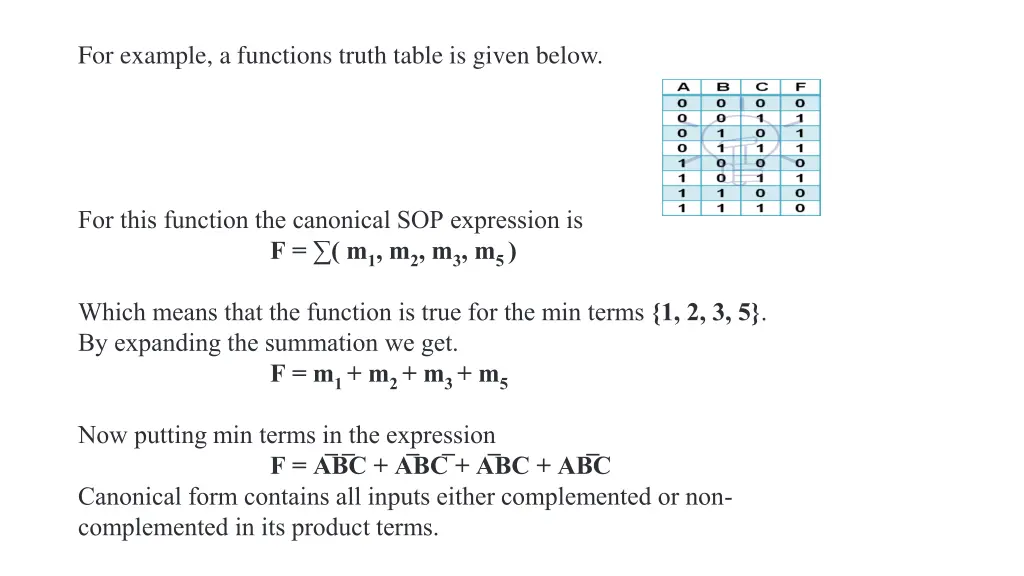 for example a functions truth table is given below