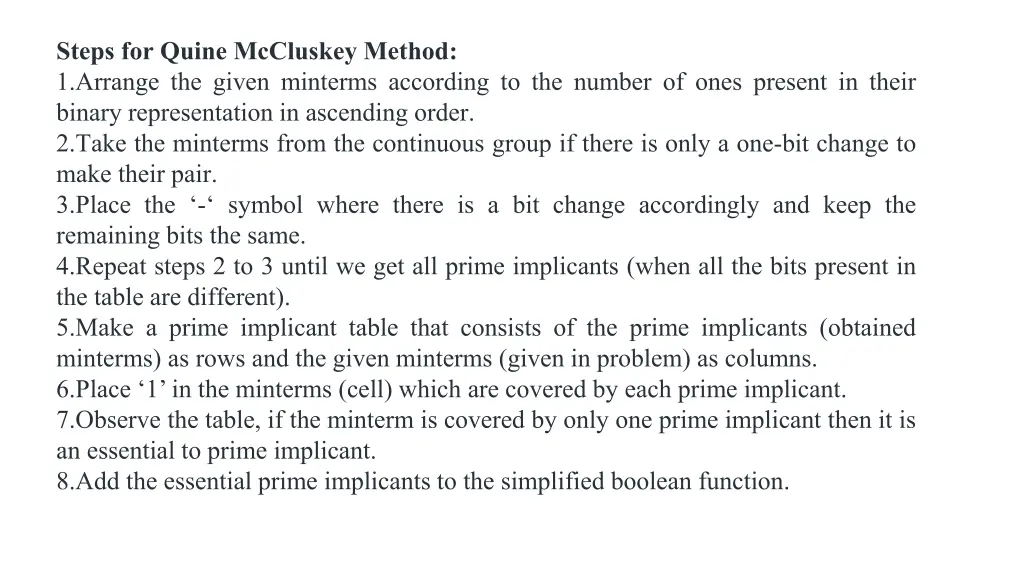 steps for quine mccluskey method 1 arrange
