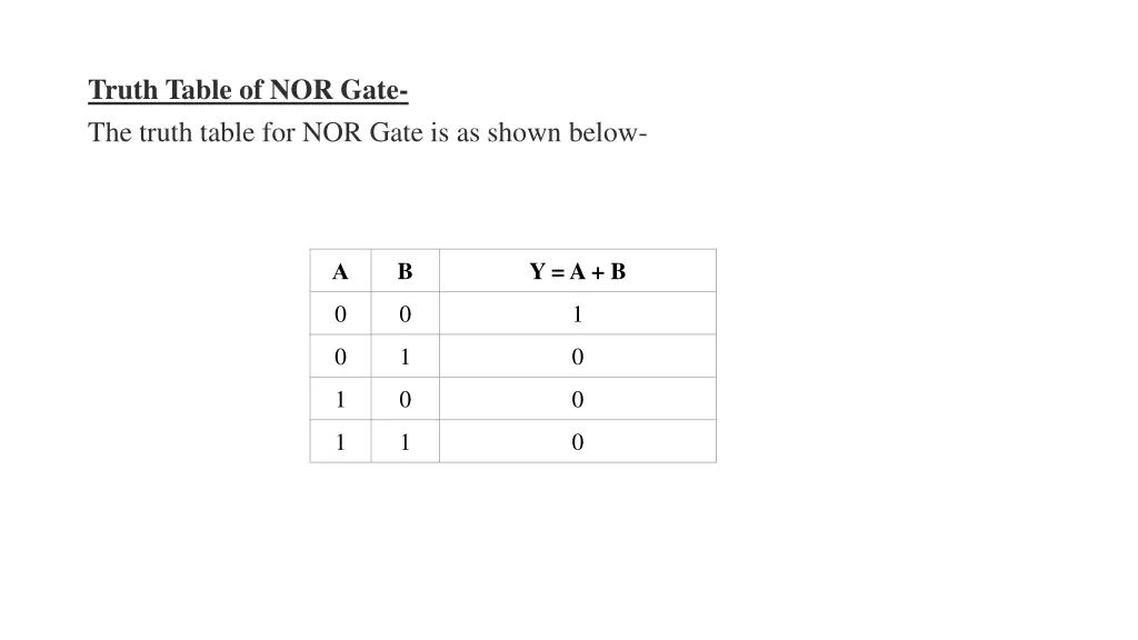truth table of nor gate the truth table