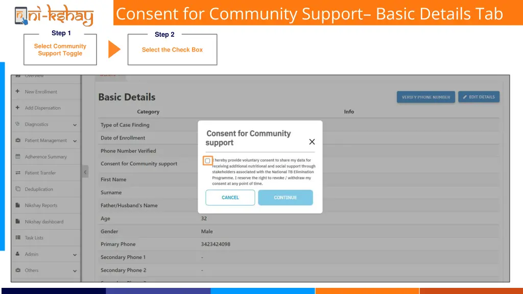 consent for community support basic details tab 1