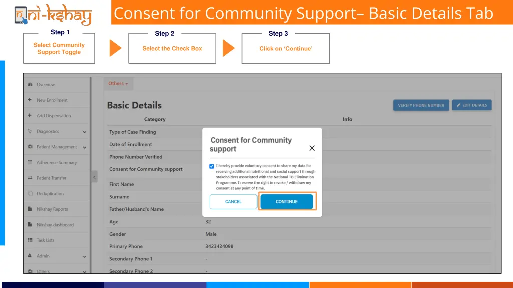 consent for community support basic details tab 2