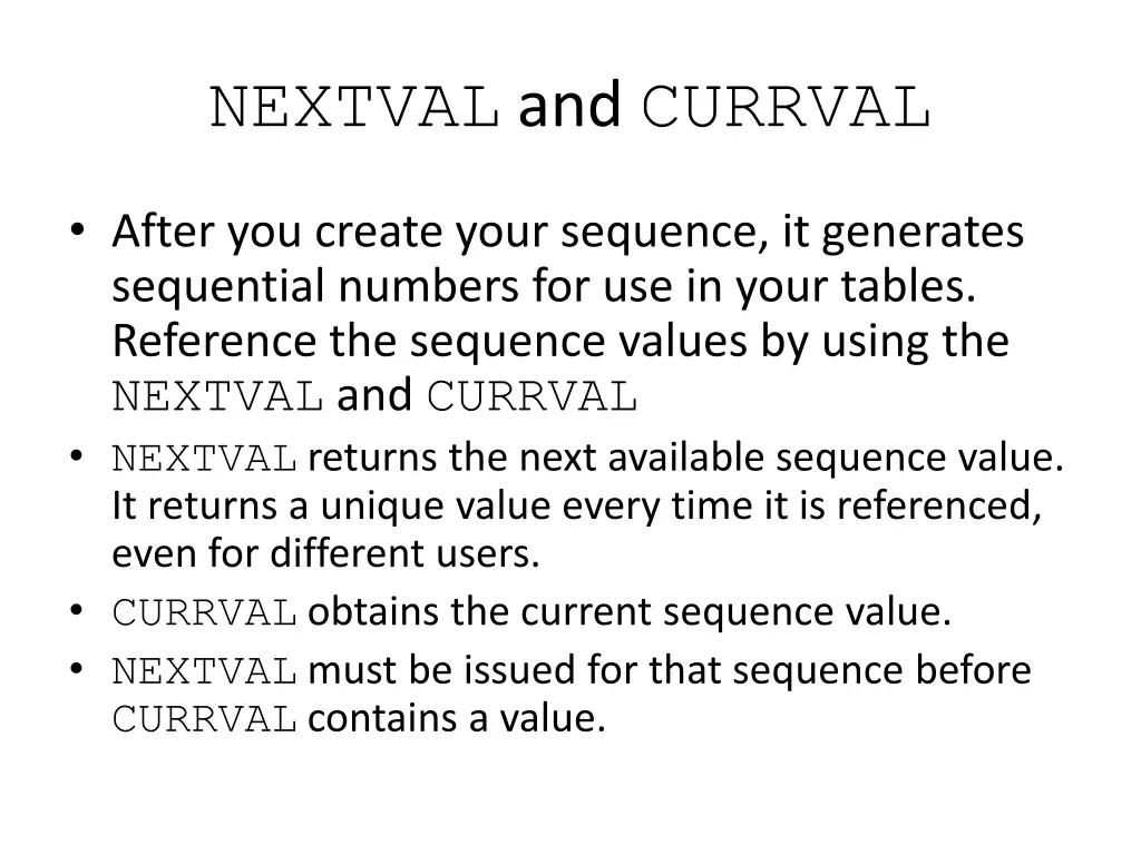 nextval and currval