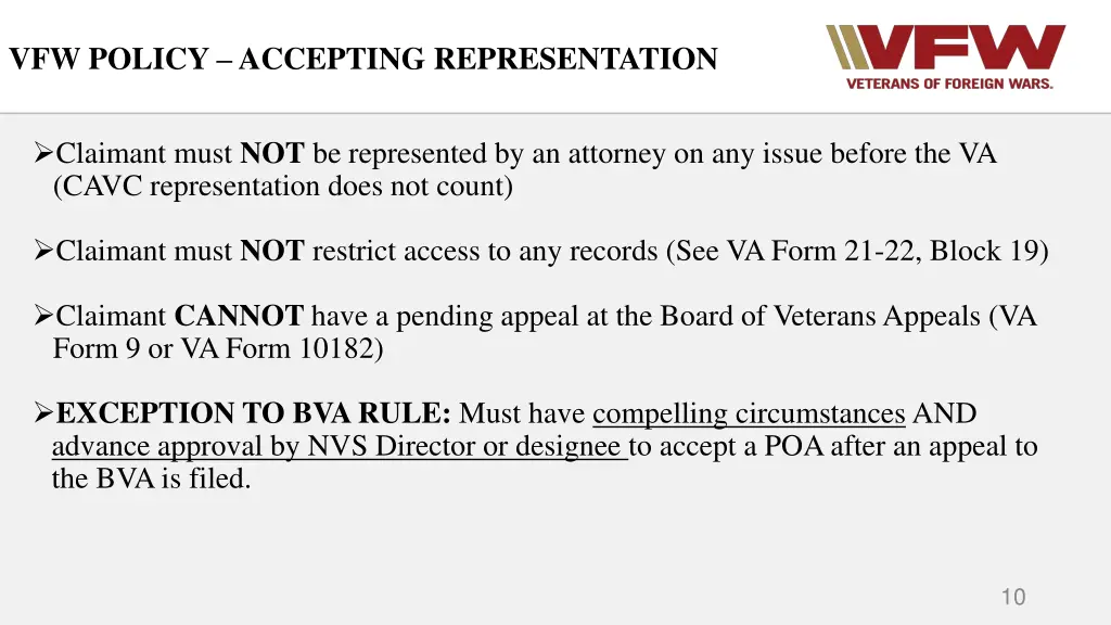 vfw policy accepting representation