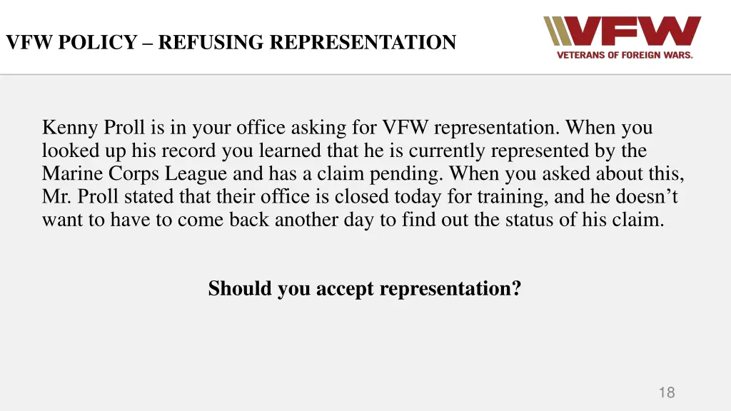 vfw policy refusing representation 1