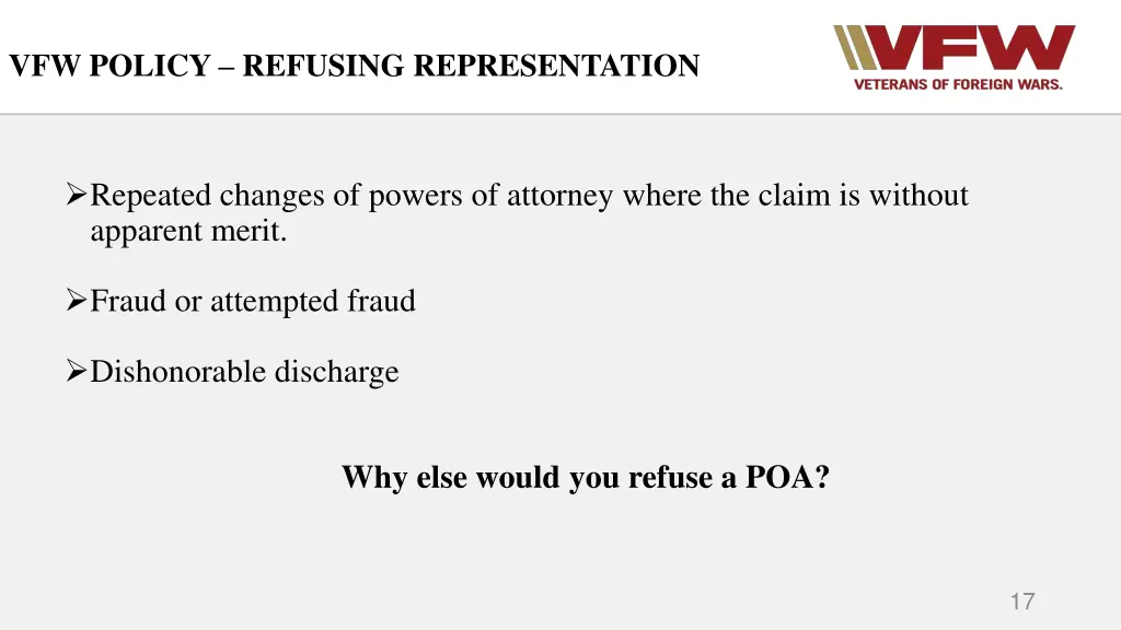 vfw policy refusing representation