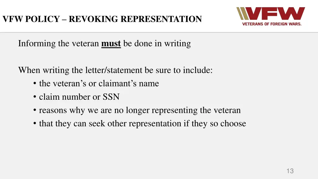 vfw policy revoking representation 1