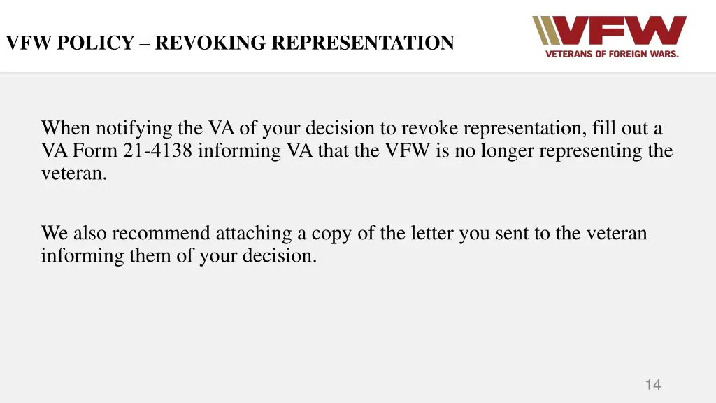 vfw policy revoking representation 2