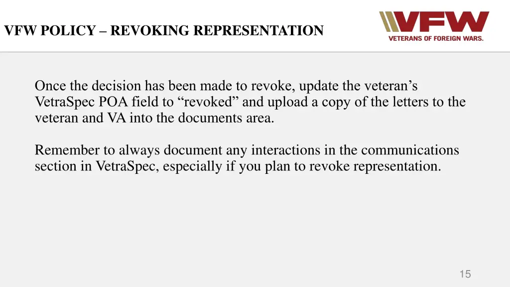 vfw policy revoking representation 3