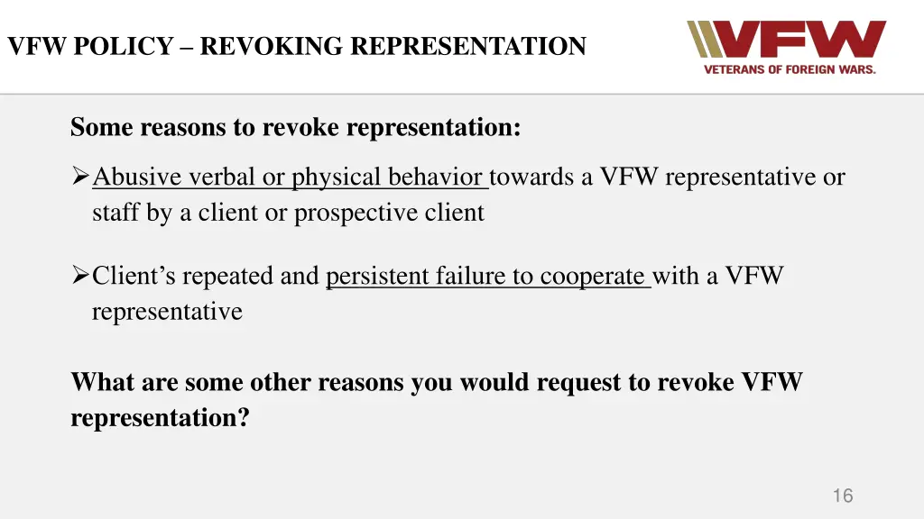 vfw policy revoking representation 4