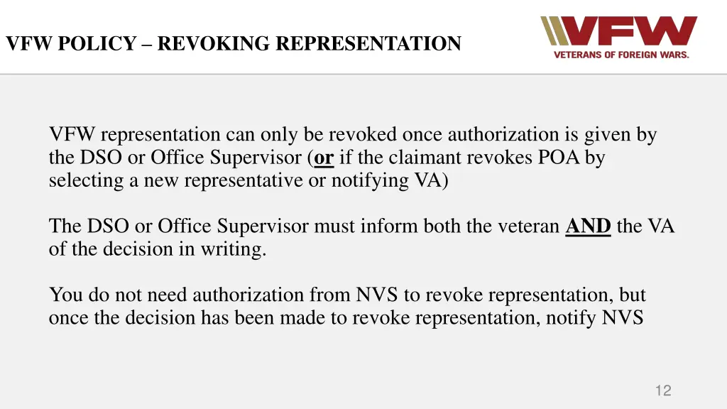 vfw policy revoking representation