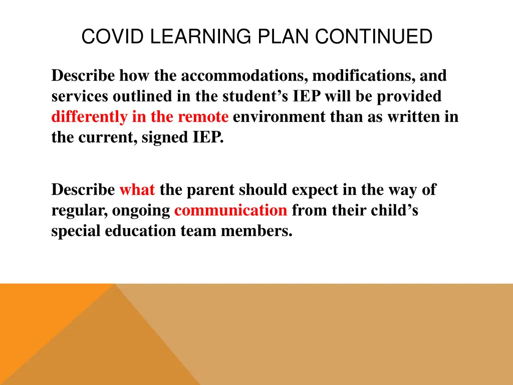 covid learning plan continued