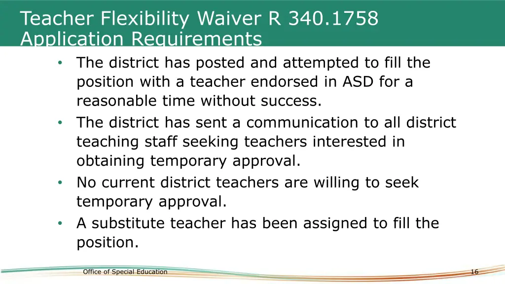 teacher flexibility waiver r 340 1758 application