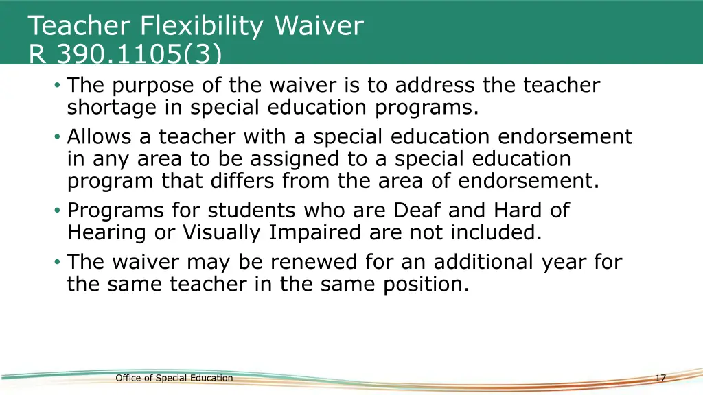 teacher flexibility waiver r 390 1105