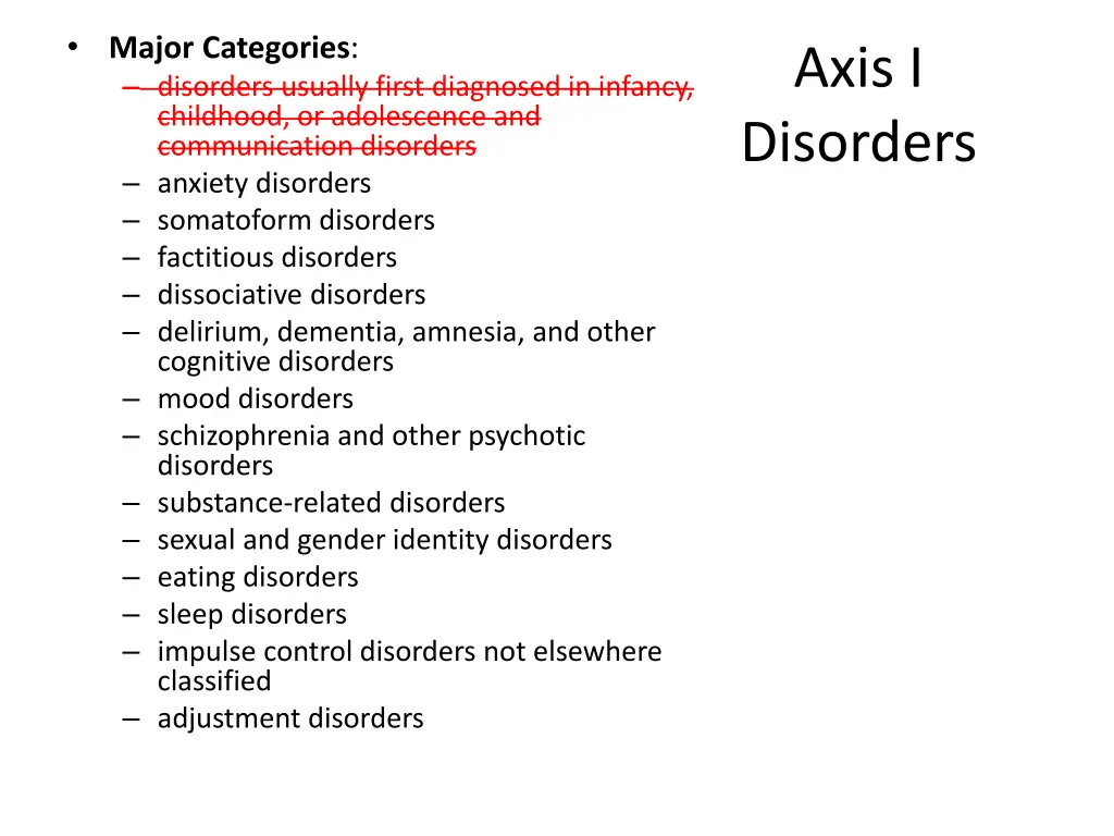 major categories disorders usually first