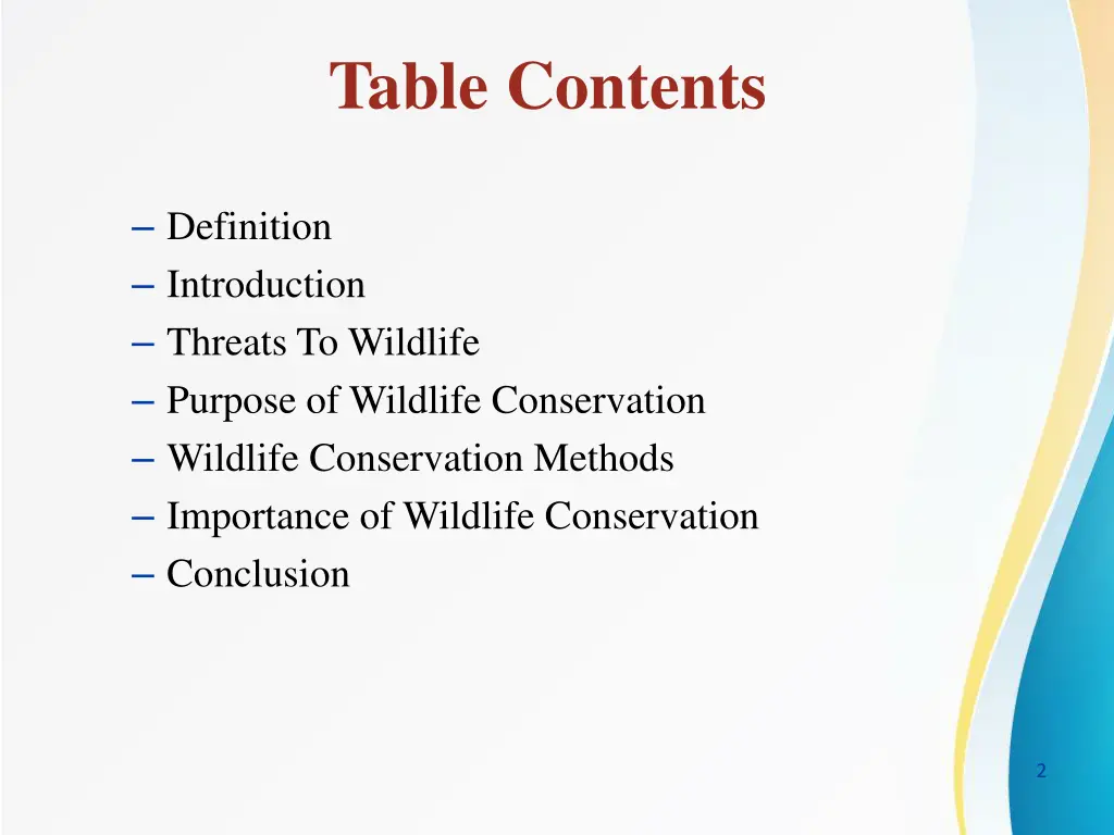 table contents