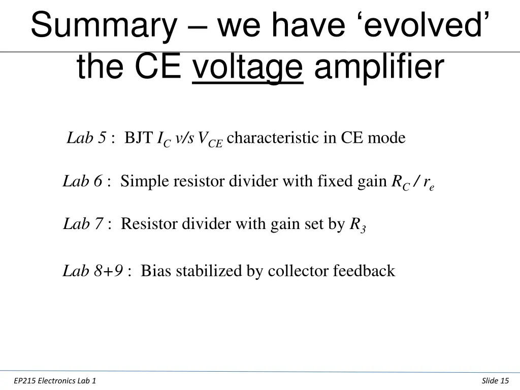 summary we have evolved the ce voltage amplifier