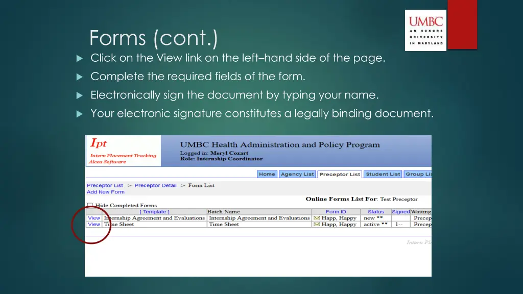 forms cont click on the view link on the left