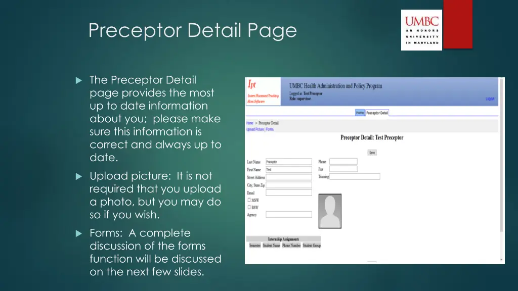 preceptor detail page