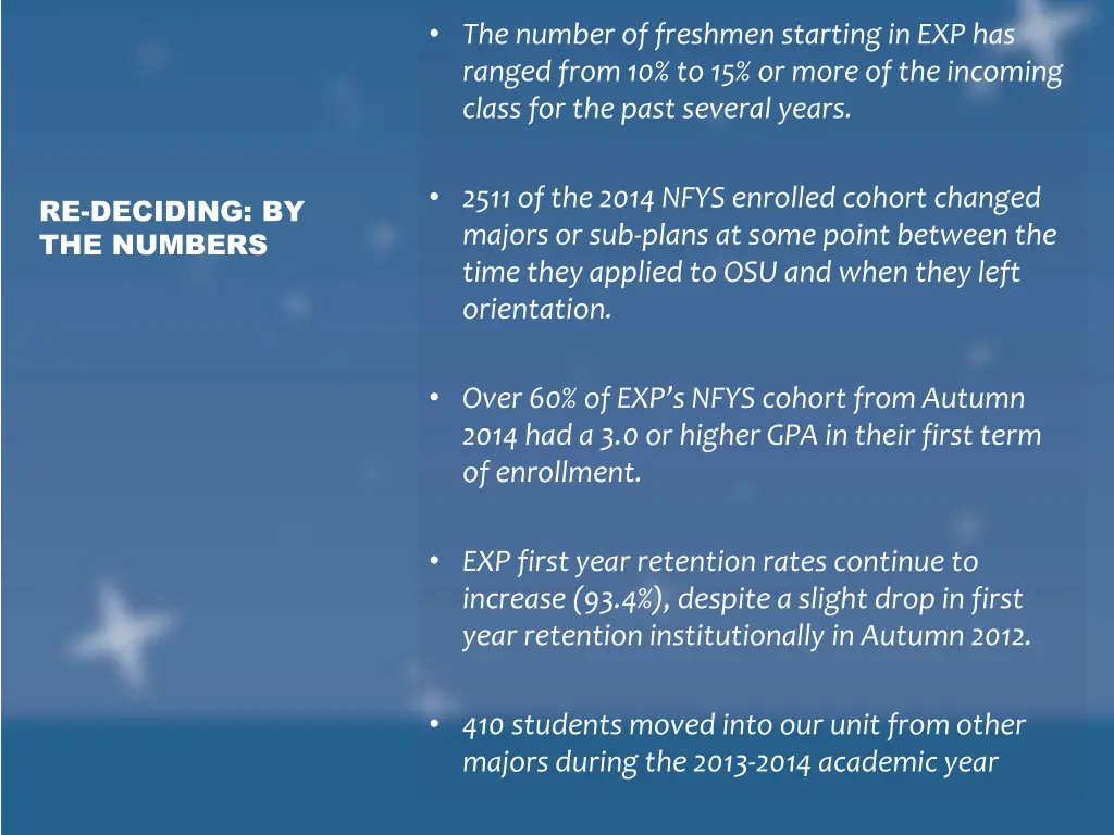 the number of freshmen starting in exp has ranged