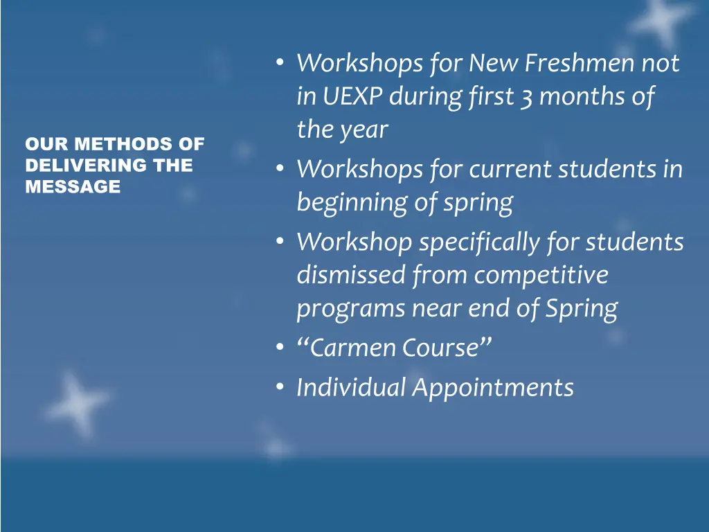 workshops for new freshmen not in uexp during