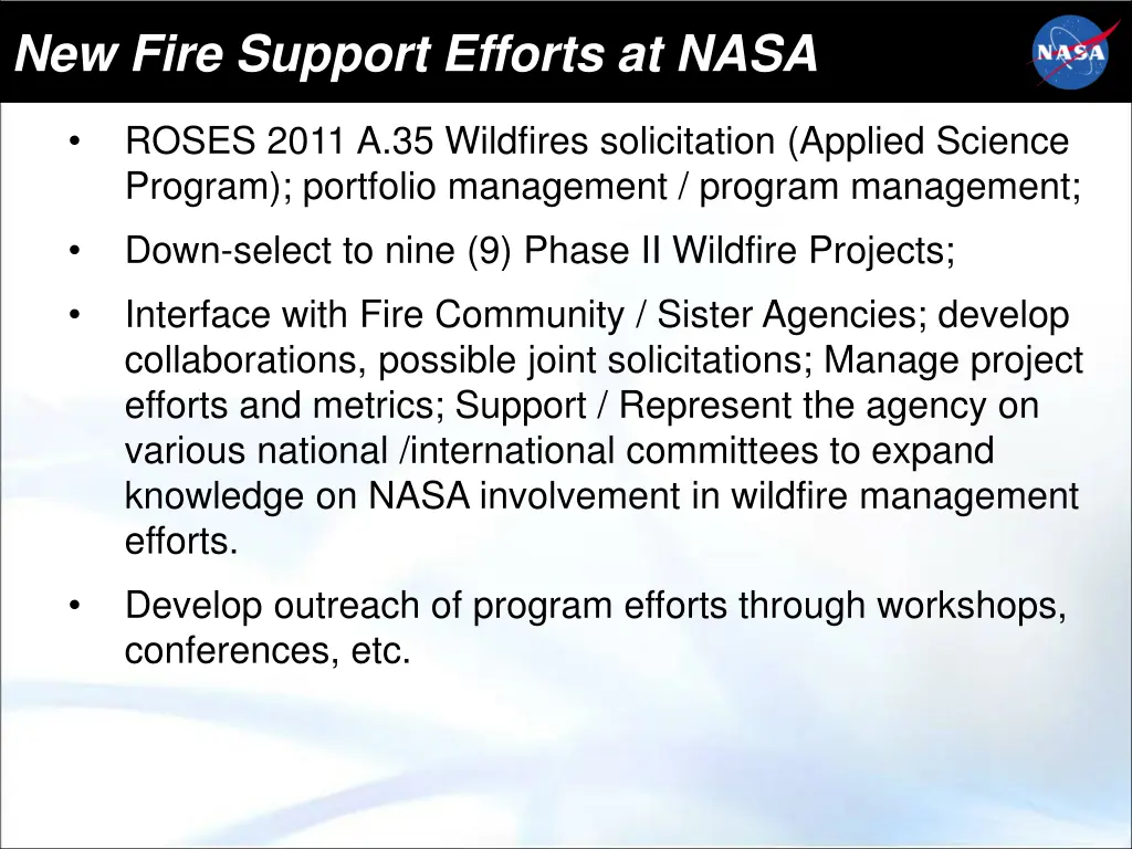 new fire support efforts at nasa