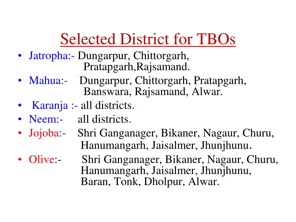 selected district for tbos jatropha dungarpur