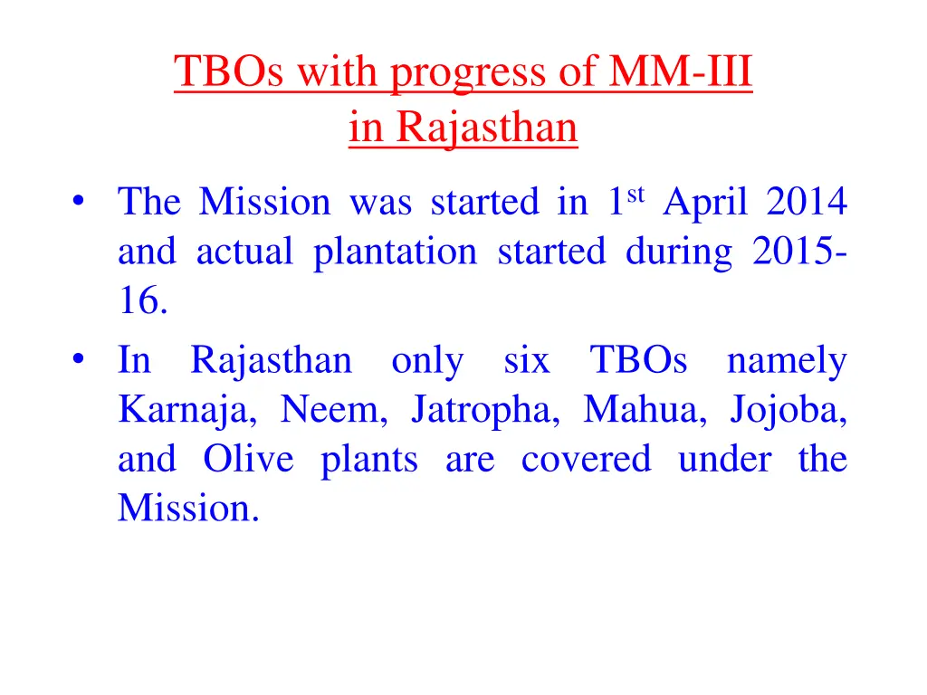 tbos with progress of mm iii in rajasthan