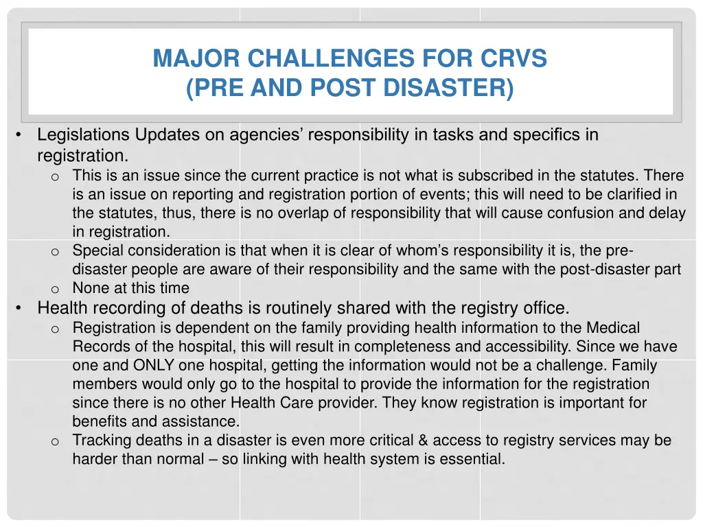 major challenges for crvs pre and post disaster