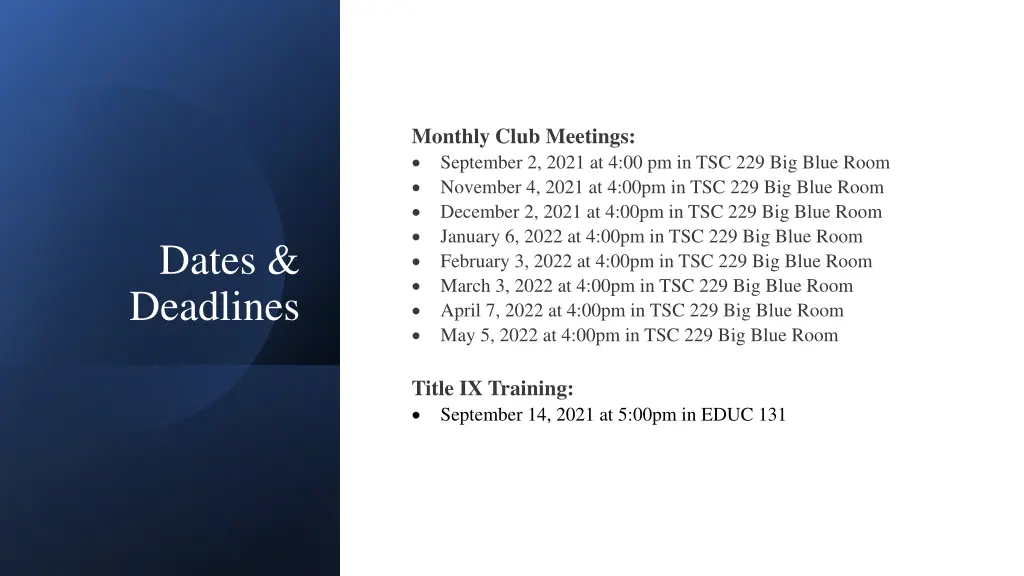 monthly club meetings september 2 2021