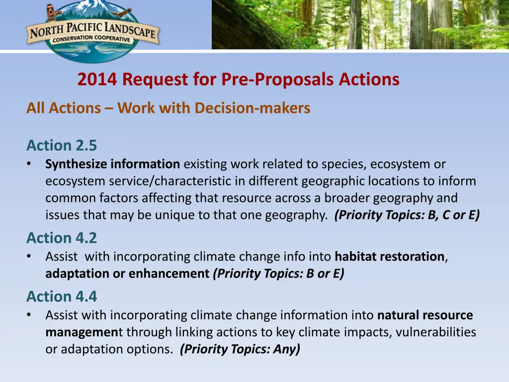 2014 request for pre proposals actions