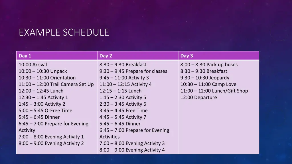 example schedule