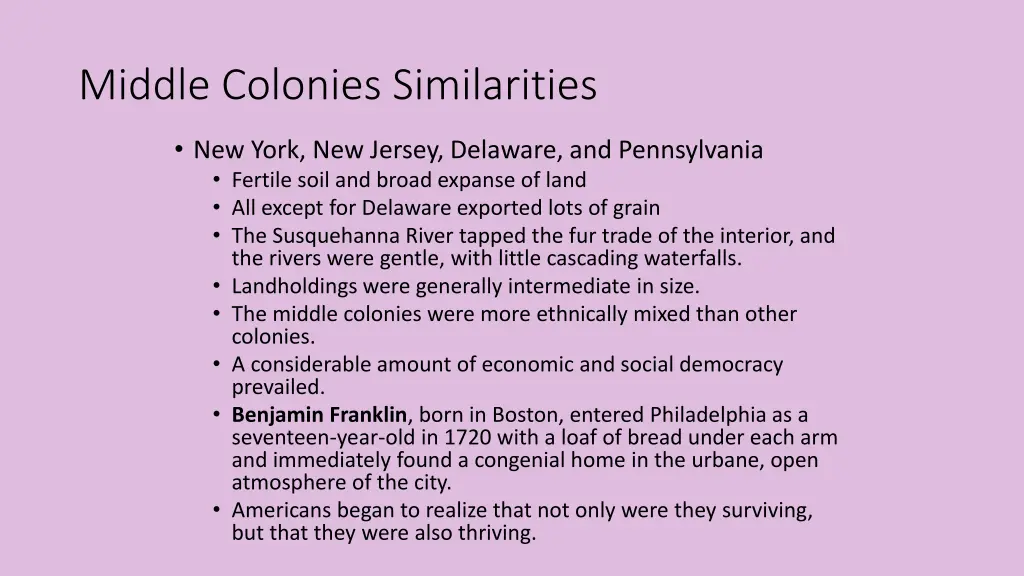 middle colonies similarities