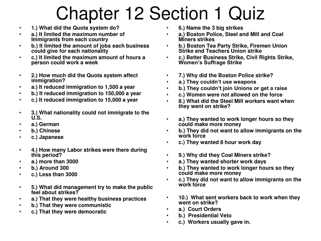 chapter 12 section 1 quiz 1 what did the quota