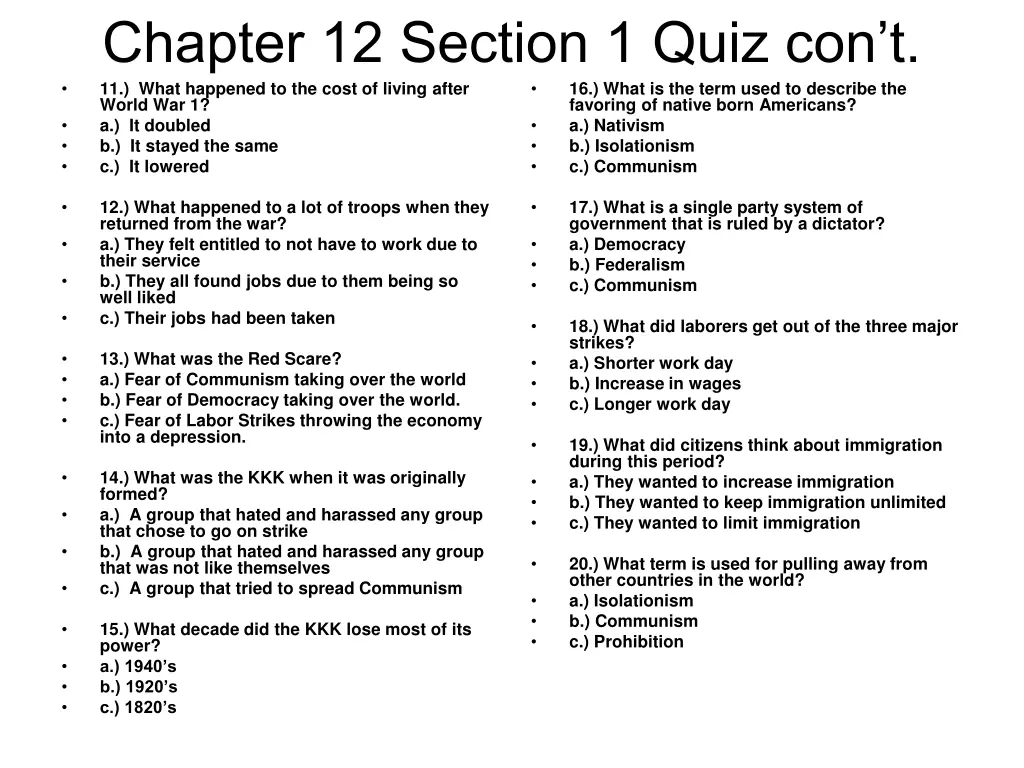 chapter 12 section 1 quiz con t 11 what happened