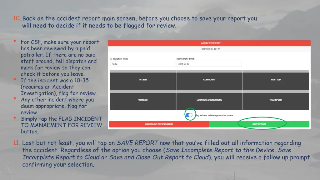 10 back on the accident report main screen before